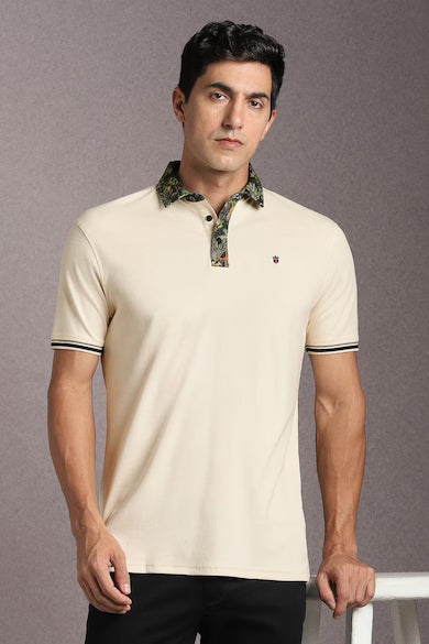 Men Beige Solid Polo Neck T-shirt