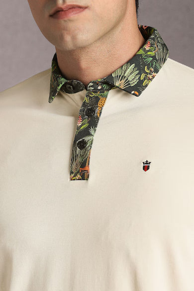 Men Beige Solid Polo Neck T-shirt